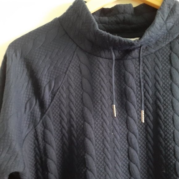 VTG. Liz Claiborne Navy Drawstring Kangaroo Pocket Cable Mockneck Sweater M - Picture 6 of 11